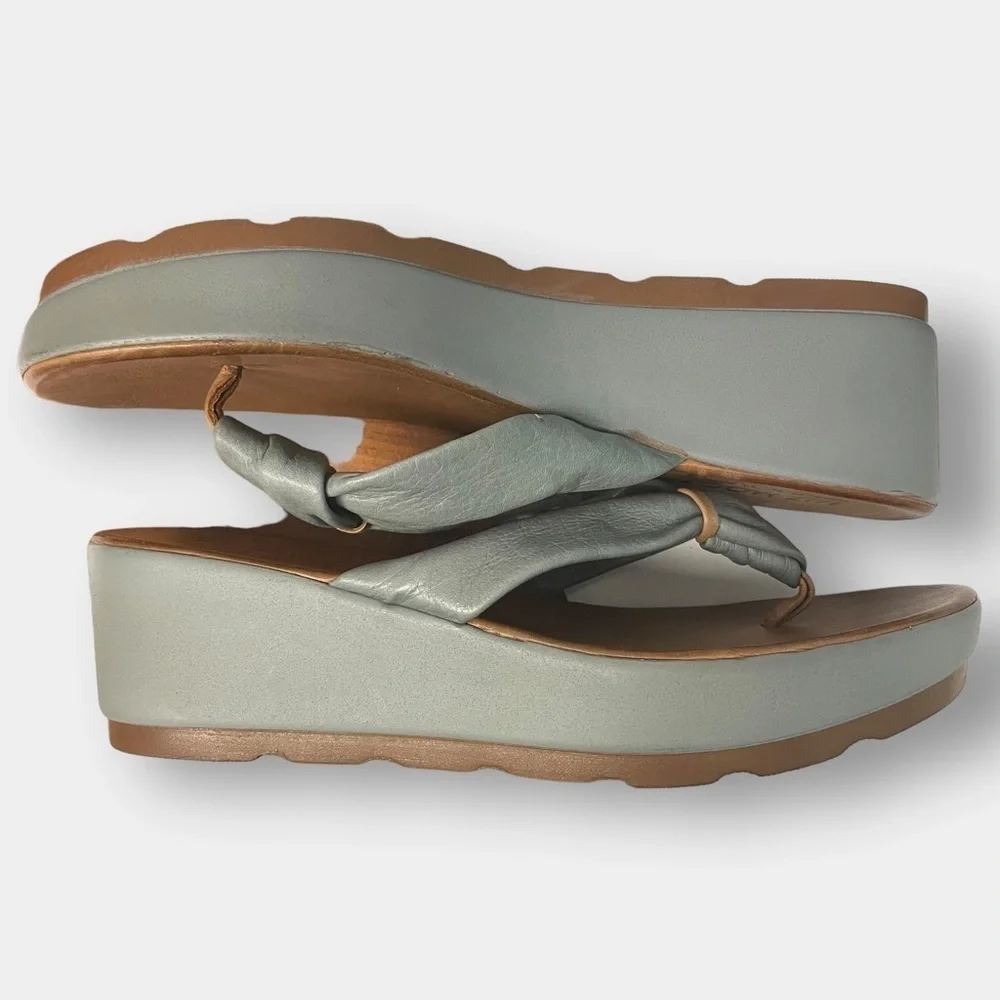 NEW Miz Mooz Inuovo Leather Wedge Blue Grey Brown Flip Flop Sandal Size 41